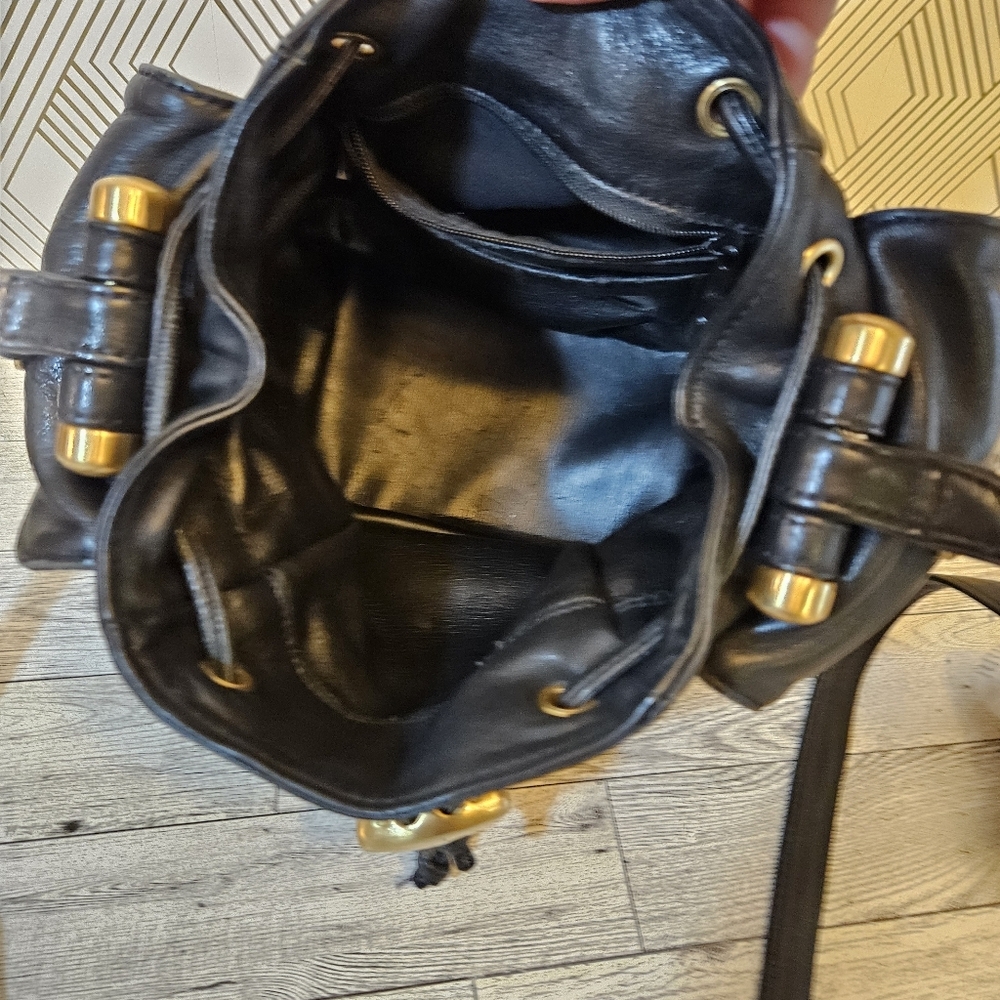 Sabina Black Leather Drawstring Shoulder Bag with Gold Accents - Picture 7 of 16
